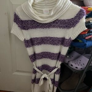 White and Purple Striped Short Sleeve Sweater